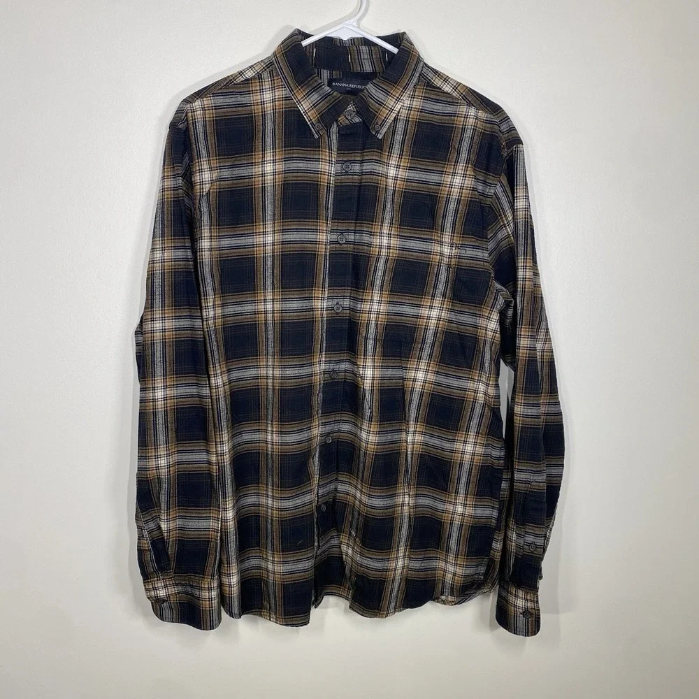 Banana Republic Flannel Shirt Mens Large Plaid Brown Orange Untucked Fit Outdoor